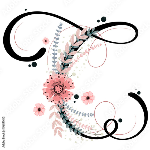 Alphabet letter C vector with flowers and leaves. Ornament letters. Illustration letter C anniversary