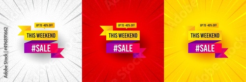This weekend sale 40 percent off banner. Flash offer banner, coupon or poster. Discount sticker shape. Hot offer icon. Weekend sale promo banner. Retail marketing flyer. Starburst pop art. Vector