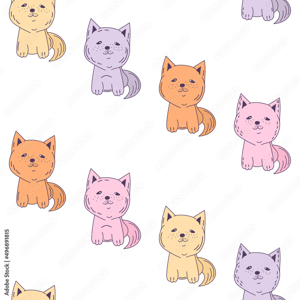 Children's cute print with colorful cat characters. Seamless vector pattern on a white background. Template for printing wrapping paper and baby fabric.