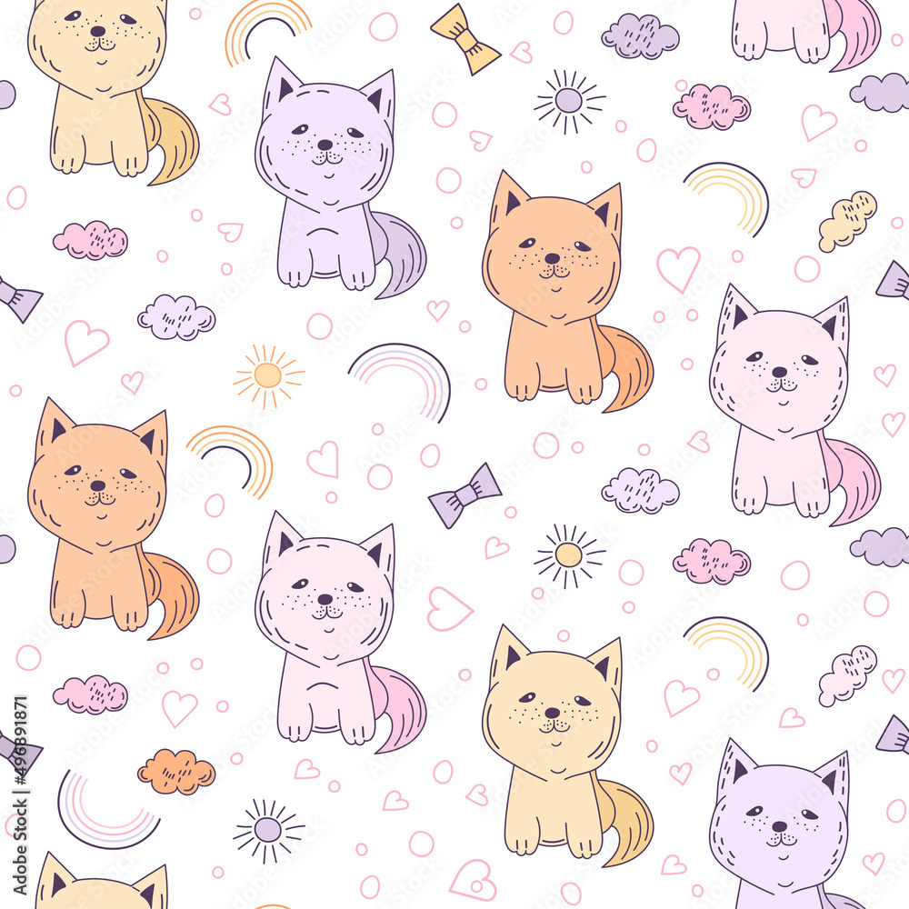Childish cute print with colorful cat characters. Seamless vector pattern of kittens and small elements on a white background. Template for printing wrapping paper and baby fabric.