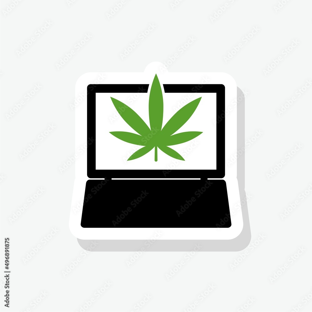 Laptop and medical marijuana or cannabis leaf sticker icon Laptop and medical marijuana or cannabis leaf sticker icon