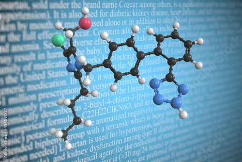 Molecular model of losartan, 3D rendering photo