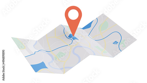 3d render of paper map with location icon.