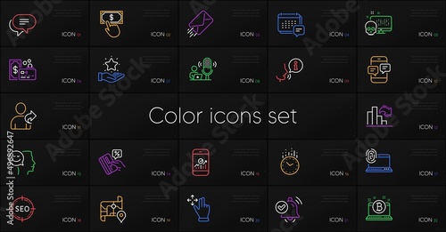 Set of Cyber attack, E-mail and Refer friend line icons. Include Decreasing graph, Move gesture, Text message icons. Seo, Computer fingerprint, Bitcoin web elements. Time, Credit card. Vector