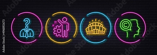 Employee, Hiring employees and Arena stadium minimal line icons. Neon laser 3d lights. Writer icons. For web, application, printing. Cogwheel, Human resources, Competition building. Vector