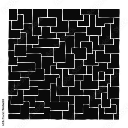 Black rectangles and squares of different shapes overlap to form a background, texture, pattern. Freehand drawing. Hand Draw.