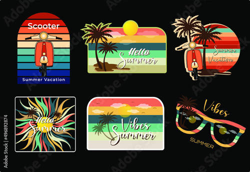 Set of Summer retro design with sun, coconut tree and scooter illustration