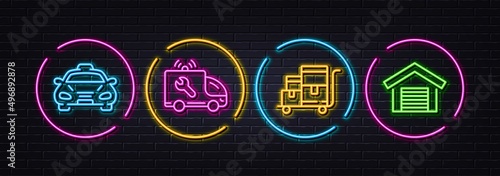 Car service, Taxi and Inventory cart minimal line icons. Neon laser 3d lights. Parking garage icons. For web, application, printing. Repair service, Public transportation, Warehouse goods. Vector