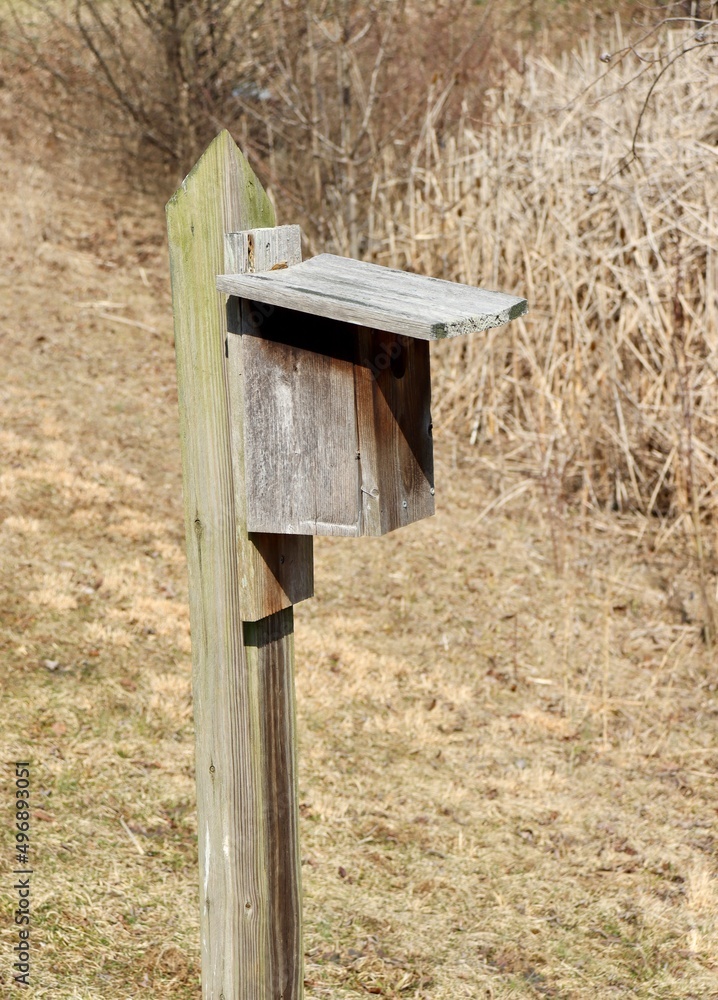 The old wood box birdhouse in the field on a sunny day. The old wood box birdhouse in the field on a sunny day.