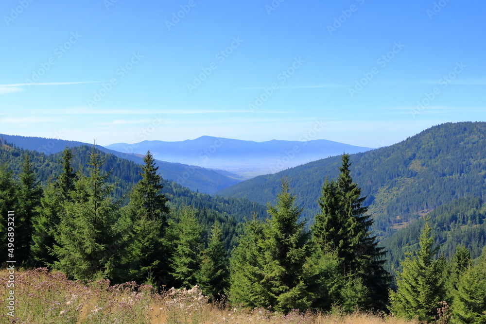 Green mountain and cloudy sky scene Transylvania. Lacu Rosu is a popular travel destination in Romania, close to Cheile Bicazului and Ceahlau Mountains