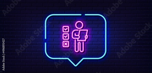 Neon light speech bubble. Voting ballot paper line icon. Vote checklist sign. Public election symbol. Neon light background. Voting ballot glow line. Brick wall banner. Vector