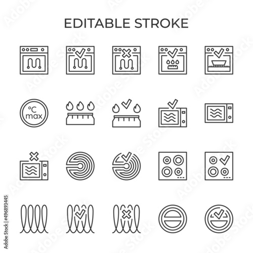 Metallic tableware symbols. Suitability for cookware gas, induction and ceramic stoves set of linear icons. Vector illustration.