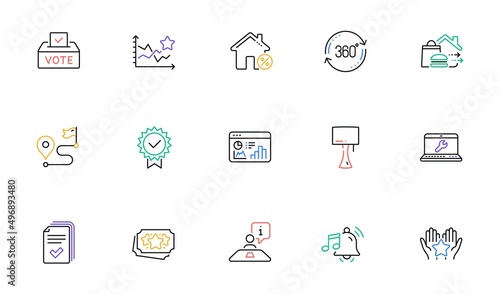 Full rotation, Alarm sound and Journey line icons for website, printing. Collection of Loan house, Certificate, Interview icons. Handout, Seo statistics, Food delivery web elements. Vector