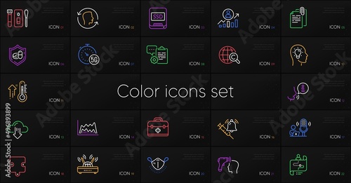 Set of Document attachment, International Ð¡opyright and Trade chart line icons. Include Idea head, High thermometer, Ssd icons. Clipboard, Covid test, Career ladder web elements. Vector