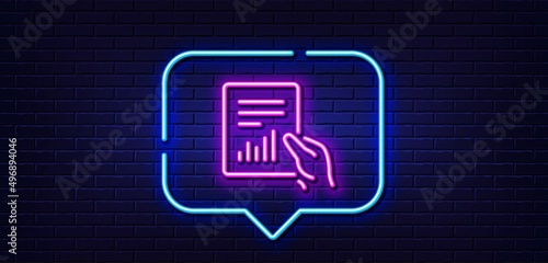 Neon light speech bubble. Hold Report document line icon. Analysis Chart or Sales growth sign. Statistics data symbol. Neon light background. Document glow line. Brick wall banner. Vector