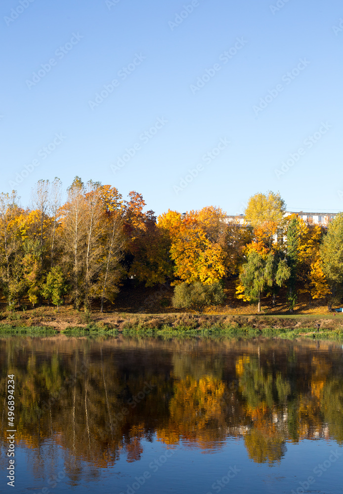 Reflection of trees in the river in autumn