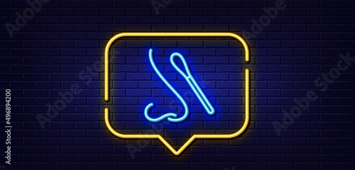Neon light speech bubble. Nasal swab test line icon. Nose with cotton swab sign. Coronavirus testing symbol. Neon light background. Nasal test glow line. Brick wall banner. Vector