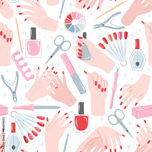 Manicure vector seamless pattern with hands and tools