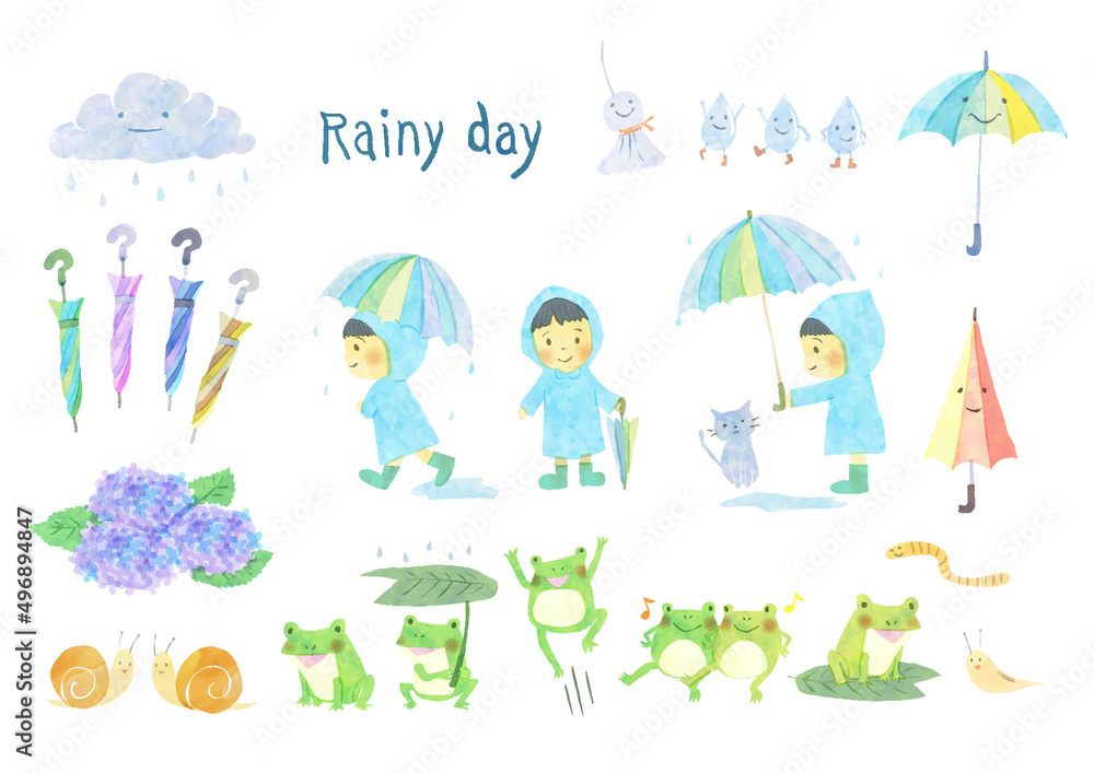 梅雨の雨の日の手描き風イラストセット Stock Vector Adobe Stock
