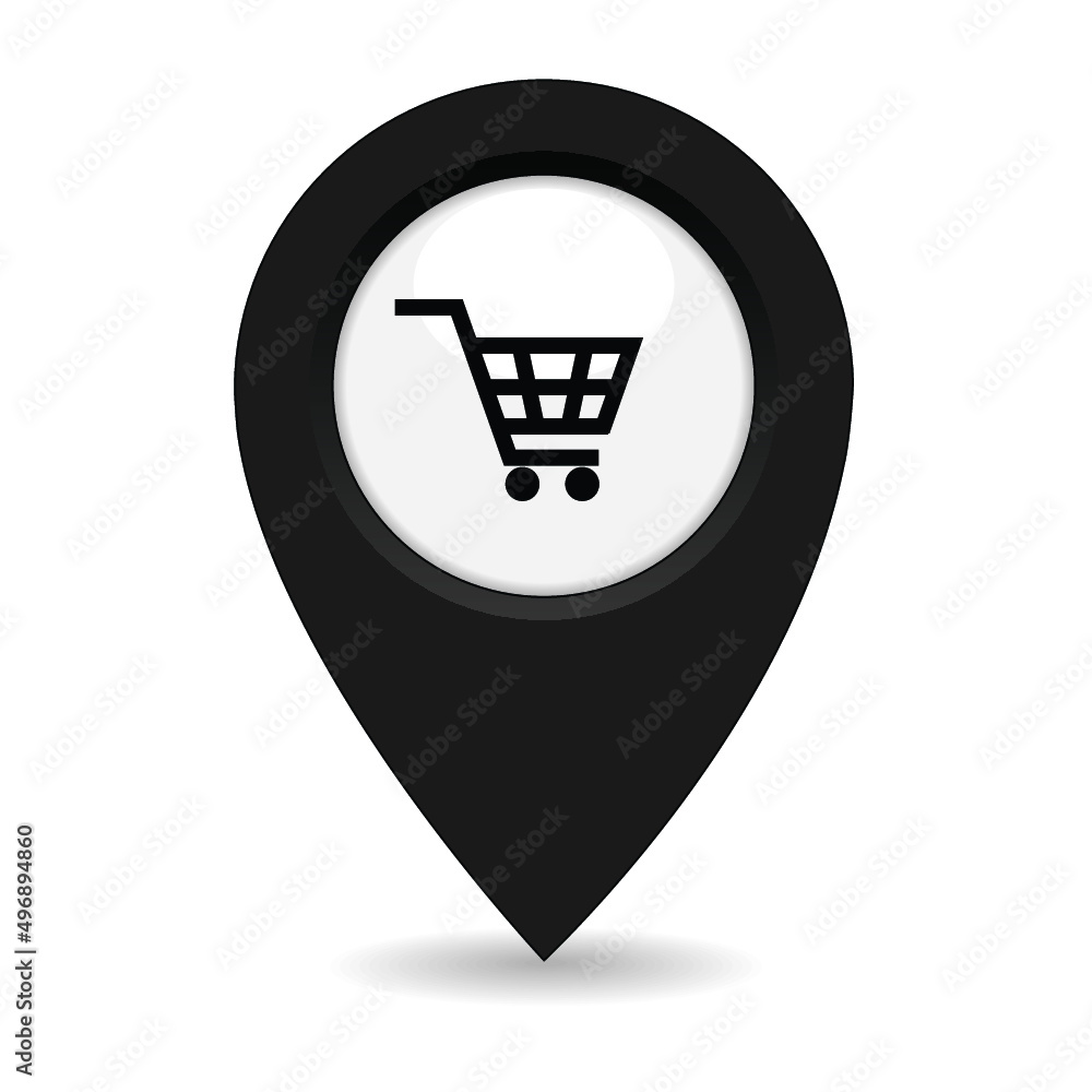 Map Pointer Icon With Shopping Cart isolated on a white background Map Pointer Icon With Shopping Cart isolated on a white background