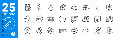 Outline icons set. Medical mask, Coronavirus research and Time icons. Settings gear, Coal trolley, Fast recovery web elements. Chemistry lab, Recovery internet, Medical prescription signs. Vector