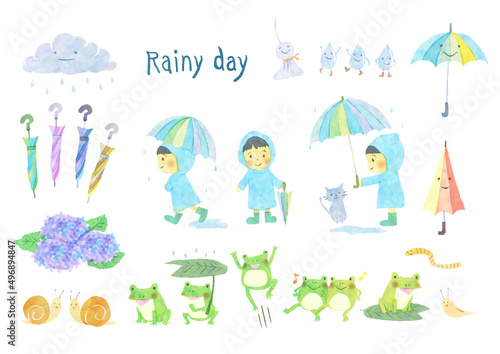 梅雨の雨の日の手描き風イラストセット