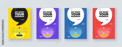 Poster frame with quote, comma. We want your feedback tag. Survey or customer opinion sign. Client comment. Quotation offer bubble. Your feedback message. Vector photo