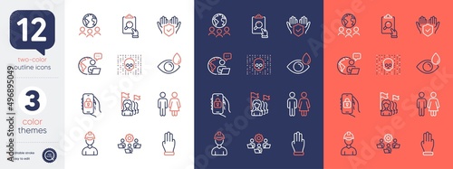 Set of Feminism, Three fingers and Teamwork line icons. Include Cyber attack, Outsource work, Insurance hand icons. Restroom, Foreman, Eye drops web elements. Inspect, Locked app. Vector