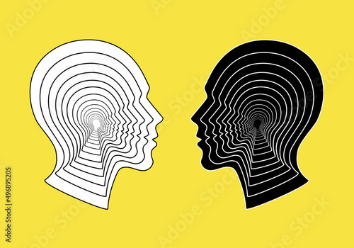 Black and white heads with profile silhouettes, vector illustration