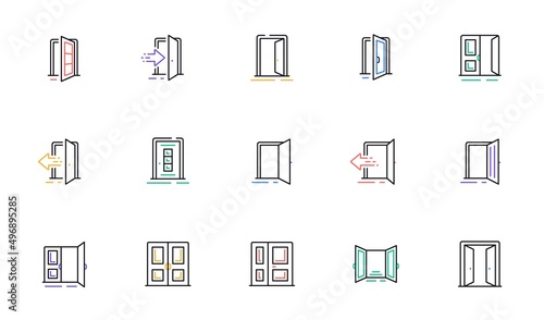 Entrance line icons. Open door, Building entry, Emergency exit. Closed doorway, Doorframe, House entrance outline icons. Door knob, home entry, building access. Interior gate, double door. Vector