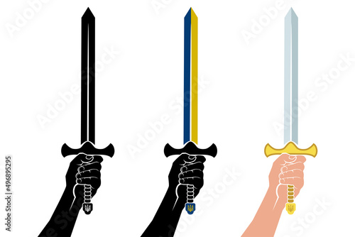 Raised hand holds the swords of different silhouette. The sword is painted in the colors of the flag of Ukraine. Realistic and black icon weapon. Logo illustration of freedom, revolution, protest.