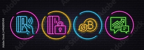 Refresh bitcoin, Blocked card and Contactless payment minimal line icons. Neon laser 3d lights. Accounting icons. For web, application, printing. Vector