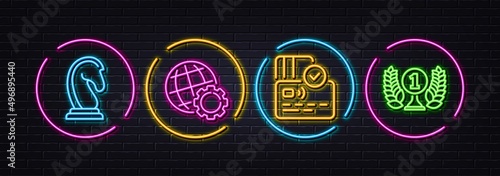 Marketing strategy, Globe and Card minimal line icons. Neon laser 3d lights. Laureate award icons. For web, application, printing. Chess knight, Internet settings, Bank payment. Prize. Vector