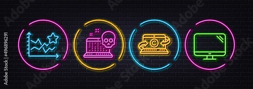 Cyber attack, Ranking stars and Copywriting notebook minimal line icons. Neon laser 3d lights. Computer icons. For web, application, printing. Computer hacking, Winner results, Writer laptop. Vector