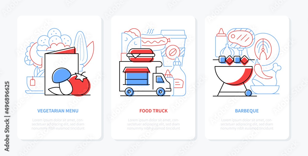 Obraz premium Food and menu - line design style banners set