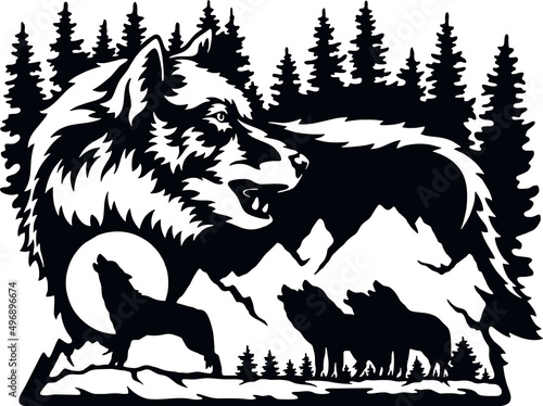 Canvas Print Wolf, Wolf Pack - Wildlife Stencils - Wolf Silhouette, Wildlife clipart isolated