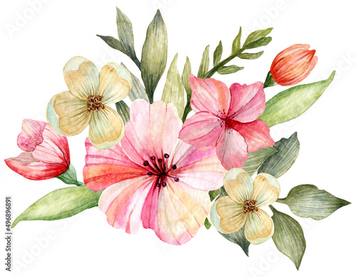 Watercolor floral arrangement of pink, peach and white flowers.