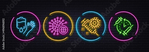 Coronavirus vaccine, Blood and Coronavirus minimal line icons. Neon laser 3d lights. Vaccination schedule icons. For web, application, printing. Syringe, Donor hand, Pandemic infection. Vector