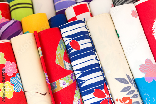 Photography A pile of colorful fabrics at the entrance of a store at Asakusa, Tokyo, Japan