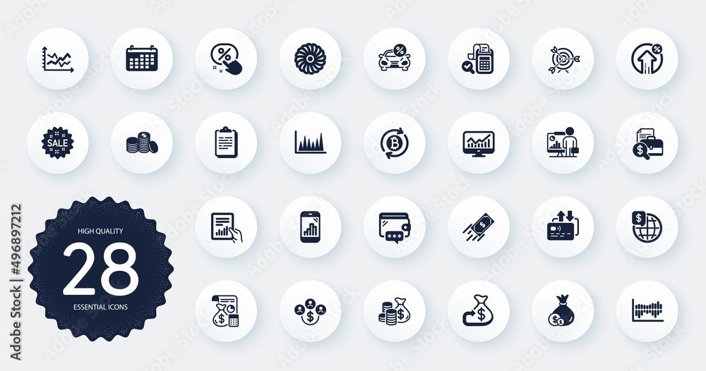 Set of Finance icons, such as Loan percent, Calendar and Clipboard flat icons. Banking money, World money, Statistics web elements. Coins bag, Column diagram, Bill accounting signs. Vector Set of Finance icons, such as Loan percent, Calendar and Clipboard flat icons. Banking money, World money, Statistics web elements. Coins bag, Column diagram, Bill accounting signs. Vector