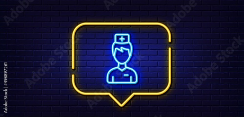Neon light speech bubble. Doctor line icon. Medicine drugs sign. Pharmacy medication symbol. Neon light background. Doctor glow line. Brick wall banner. Vector