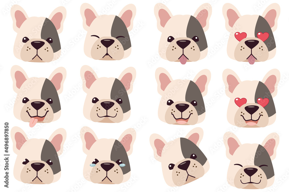 Set of french bull dog emotions. Funny Smiling and angry, sad and delight dog. Face of dog cartoon emoji. Illustration about kawaii animal and pet in flat vector style. Set of french bull dog emotions. Funny Smiling and angry, sad and delight dog. Face of dog cartoon emoji. Illustration about kawaii animal and pet in flat vector style.