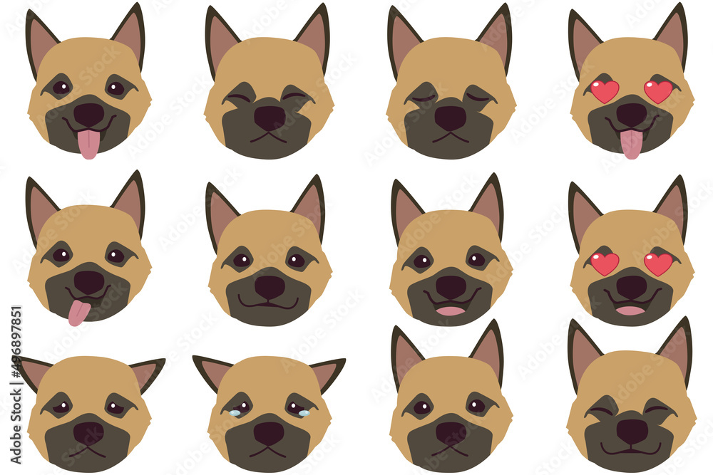 Set of German shepherd dog emotions. Funny Smiling and angry, sad and delight dog. Face of dog cartoon emoji. Illustration about kawaii animal and pet in flat vector style. Set of German shepherd dog emotions. Funny Smiling and angry, sad and delight dog. Face of dog cartoon emoji. Illustration about kawaii animal and pet in flat vector style.