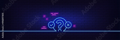 Neon light glow effect. Quiz test line icon. Select answer sign. Business interview symbol. 3d line neon glow icon. Brick wall banner. Quiz test outline. Vector
