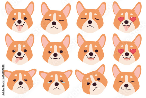 Set of Corgi dog emotions. Funny Smiling and angry, sad and delight dog. Face of dog cartoon emoji. Illustration about kawaii animal and pet in flat vector style.