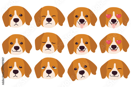 Set of beagle dog emotions. Funny Smiling and angry, sad and delight dog. Face of dog cartoon emoji. Illustration about kawaii animal and pet in flat vector style.