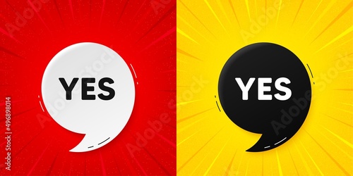 Yes text tag. Flash offer banner with quote. Approved ok message. Done or Good deal symbol. Starburst beam banner. Yes speech bubble. Vector