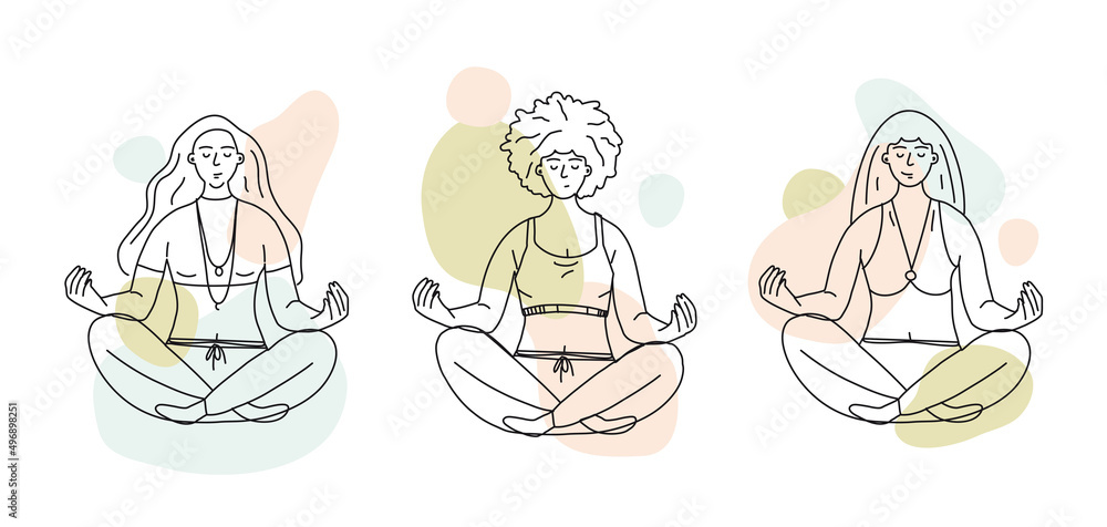 The girl is sitting in the lotus position and meditating. A young woman is doing yoga. Delicate vector illustration in line art style. The girl is sitting in the lotus position and meditating. A young woman is doing yoga. Delicate vector illustration in line art style.