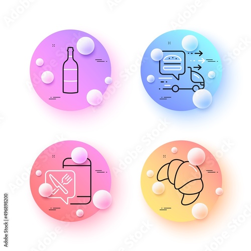 Food app, Wine bottle and Croissant minimal line icons. 3d spheres or balls buttons. Food delivery icons. For web, application, printing. Meal order, Cabernet sauvignon, Fresh bakery. Vector