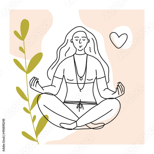 A set of vector illustrations in the style of line art. girls sit in the lotus position and meditate. Young women practice yoga and vipassana.